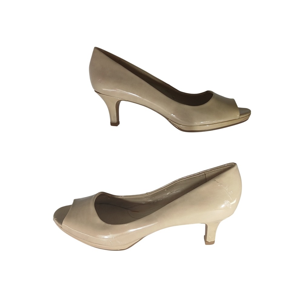 Naturalizer Hanning Peep‎ Toe Pumps 8M Beige Nude Patent Kitten Heel Platform